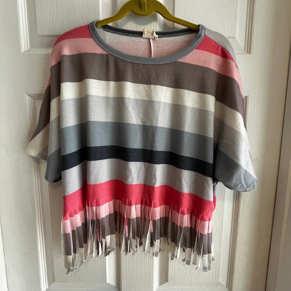 Peach Love California Striped Fringe Top Boxy Dolman Sleeve T-Shirt Coastal Chic - Picture 1 of 7